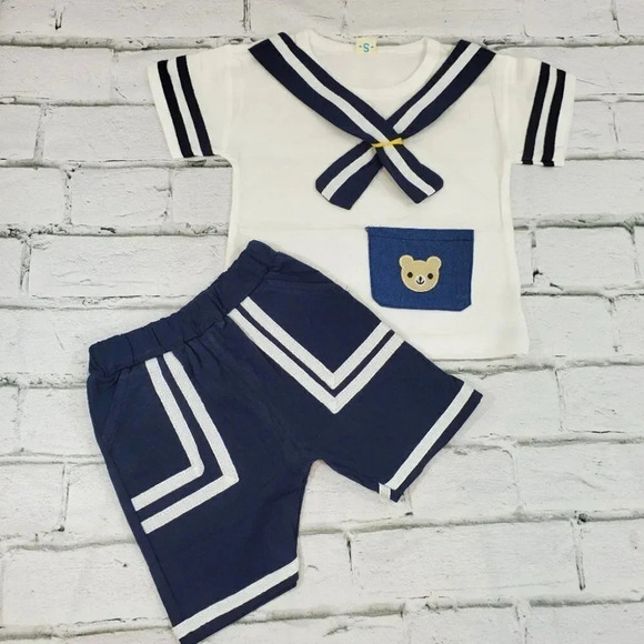 Blue Mini Sailor Set Baby Boys 2 pcs Outfit. T-Shirt and Shorts Baby Boys Set. - Picture 2 of 12